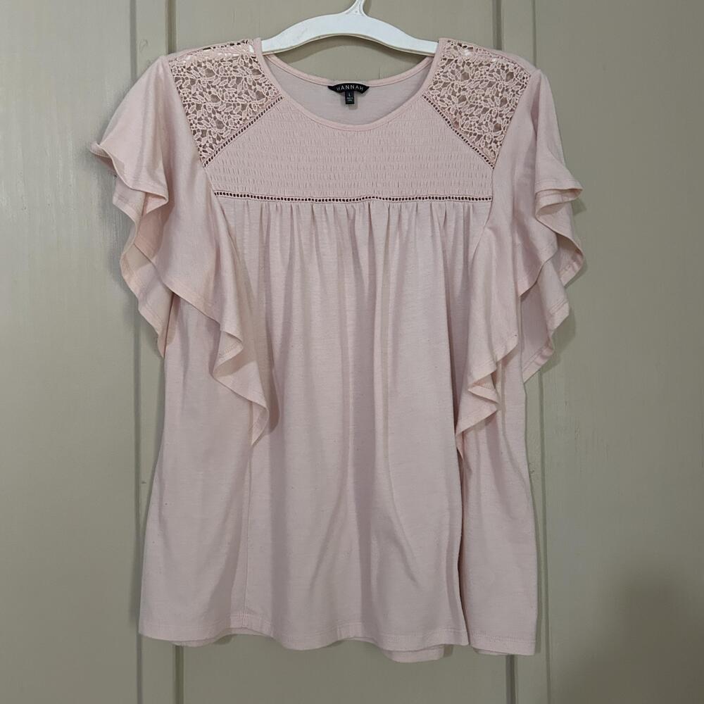 Hannah Blouse Womens Large Pink Crochet Yoke Ruffle Flutter Short Sleeve Top